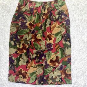 VTG 100% Silk Floral Pleated Pencil Skirt Pockets Dark‎ Academia Goblincore 70s